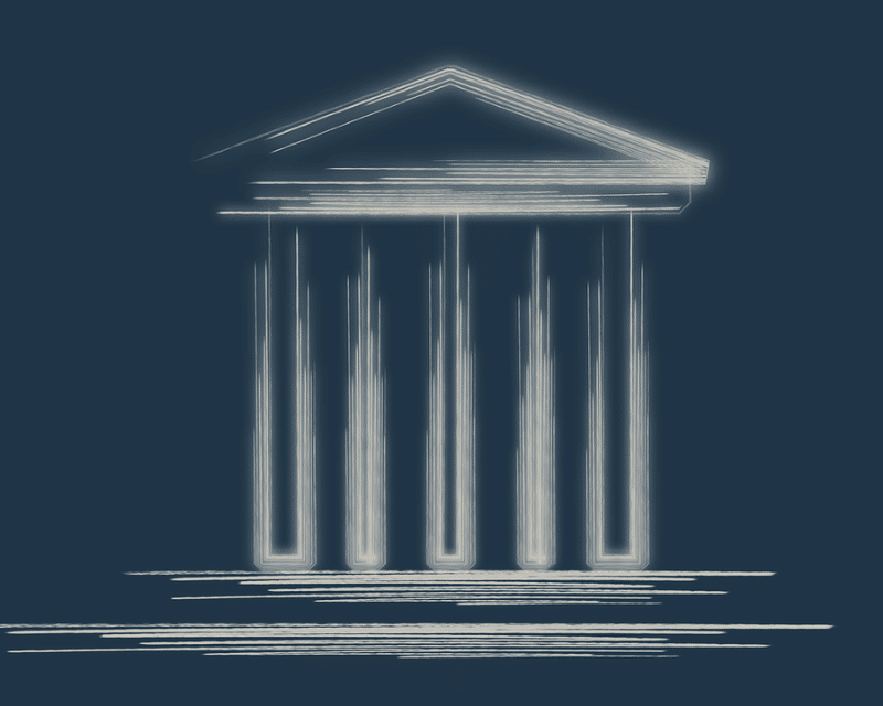 Abstract neon-style illustration of a classical government building with glowing pillars on a dark blue background