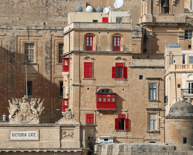Traditional Maltese limestone buildings near Victoria Gate, Valletta.