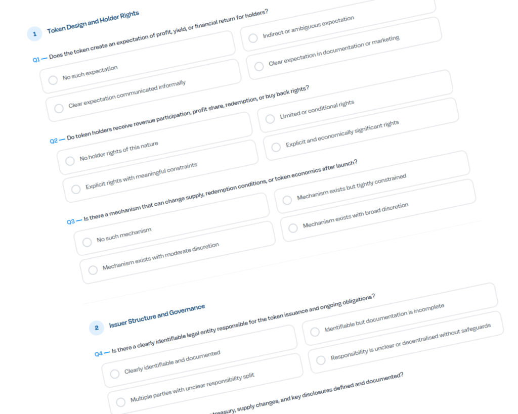 MiCA Readiness Assessment interface evaluating governance, token design, and disclosure criteria for a utility token white paper MiCA compliance review