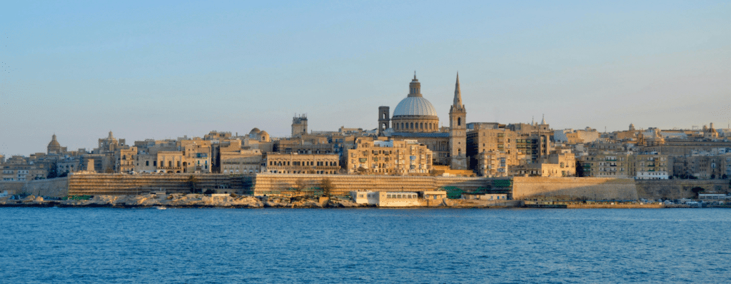 Valletta skyline in Malta viewed from the sea, highlighting the city’s historic architecture and positioning as a key jurisdiction for crypto licence Malta under MiCA