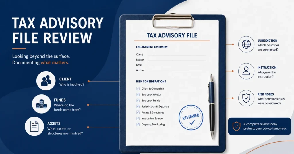 Tax advisory file review showing key sanctions risk assessment considerations for tax advisors in Malta, including clients, funds, assets, jurisdictions, instructions and risk notes.